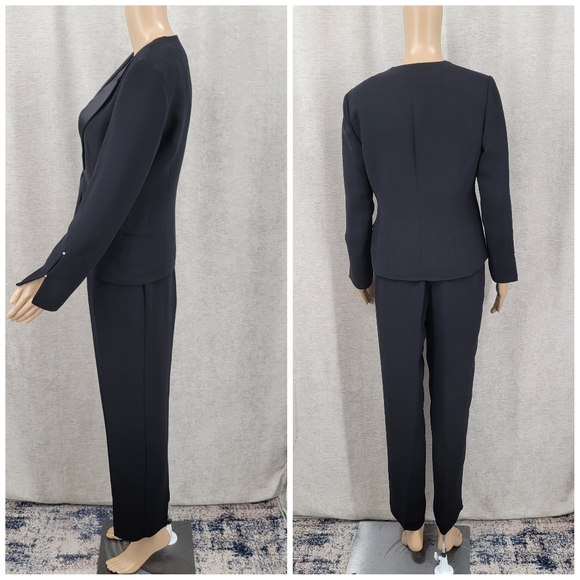 Jessica Howard Black Satin Trim Blazer Pantsuit 3 Piece Blousr Pants Jacket - Picture 11 of 16